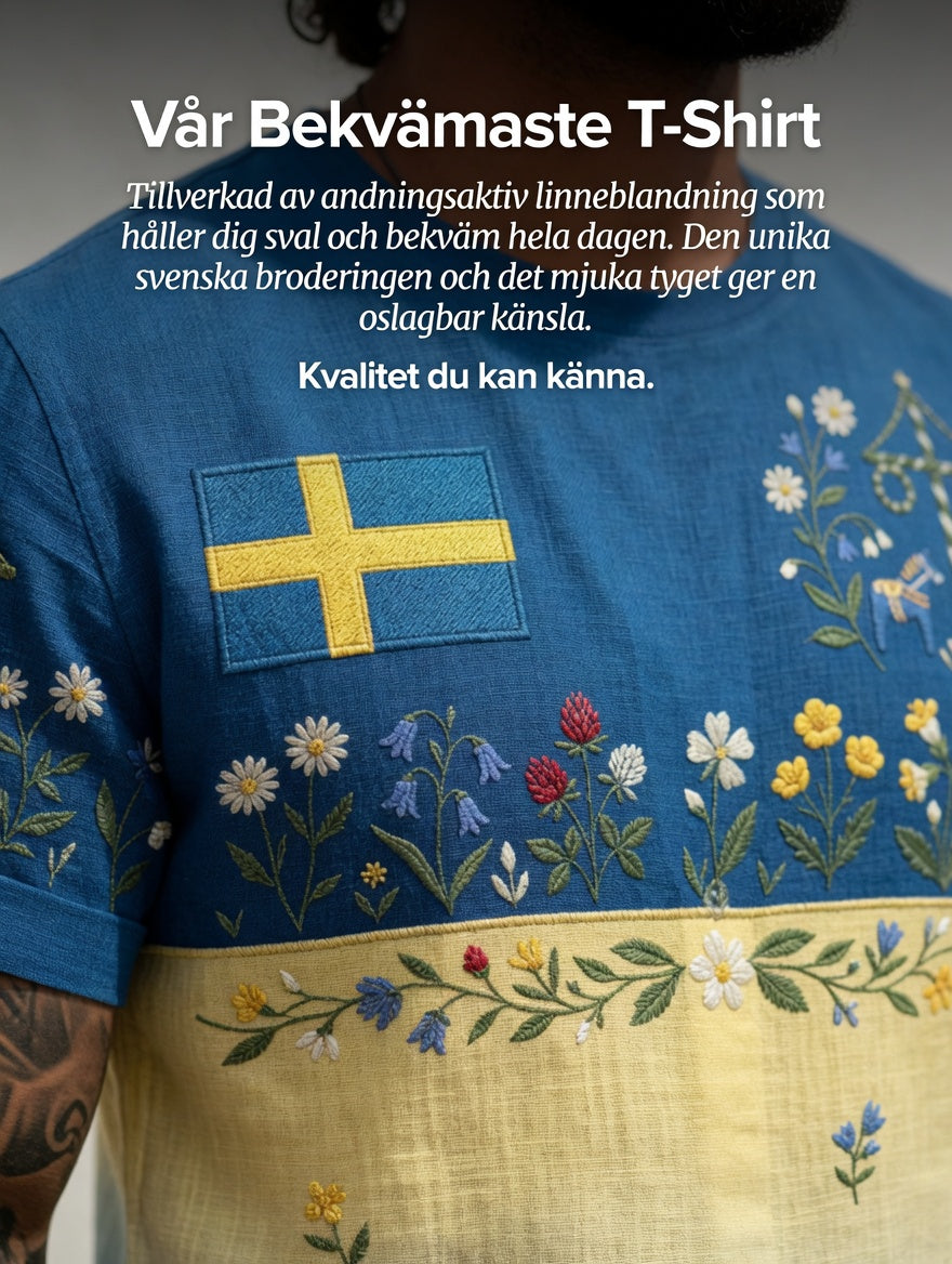 Herr Retro Svenska midsommar Folk Floral Bomull-Linen Kort-Shirt