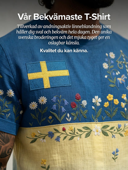 Herr Retro Svenska midsommar Folk Floral Bomull-Linen Kort-Shirt