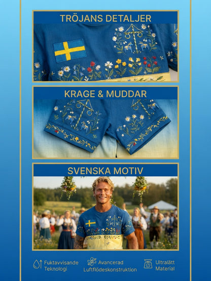Herr Retro Svenska midsommar Folk Floral Bomull-Linen Kort-Shirt