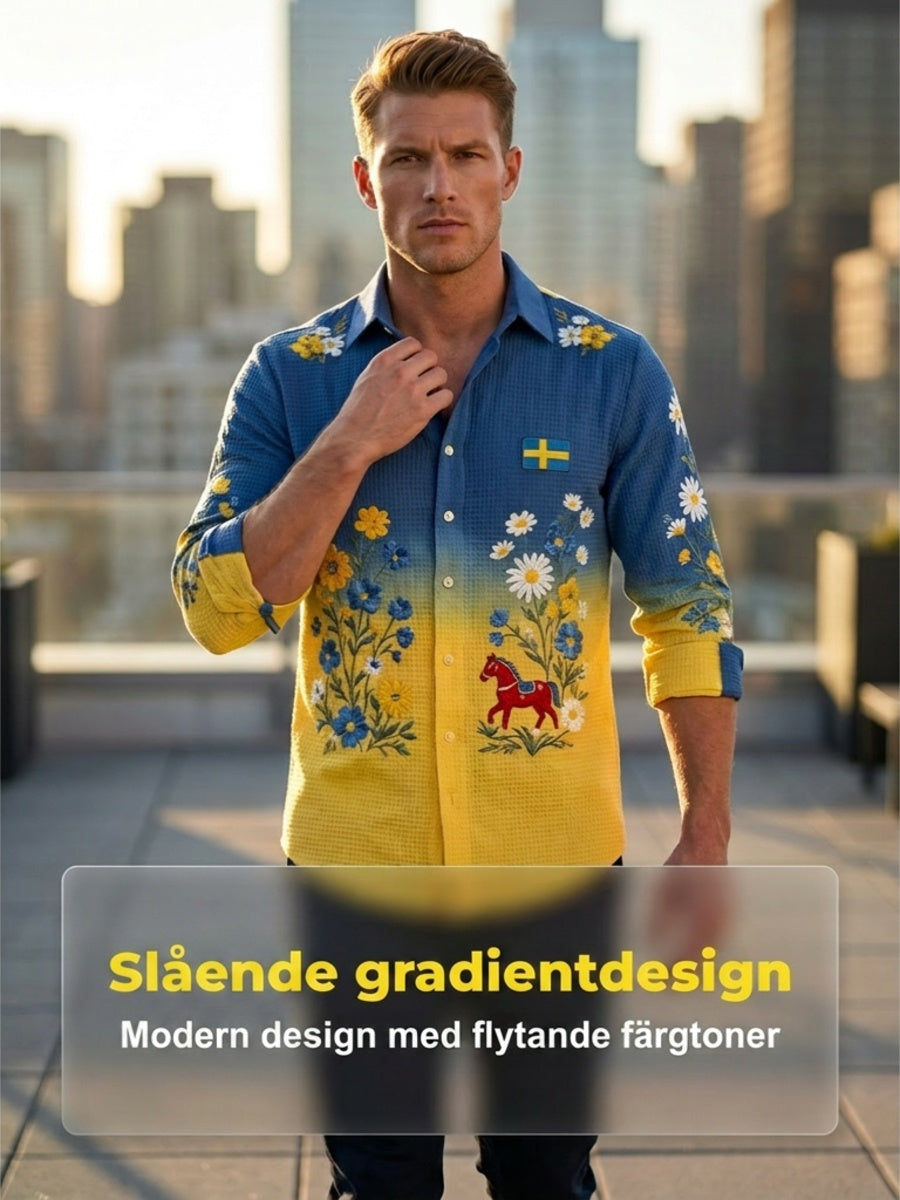 Herrskjorta i våffelstickat med långa ärmar och blommönster samt gunghästtryck
