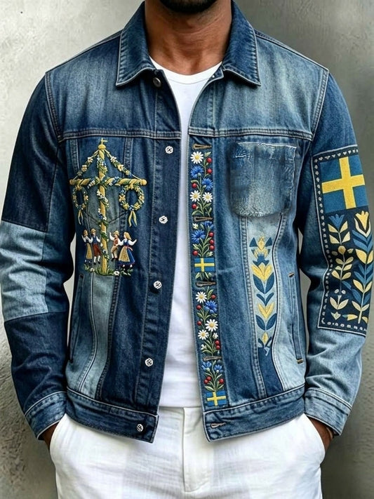 Herrretro svensk midtsommerfolkaldri blomstrete bomull-linjakke med lange ermer