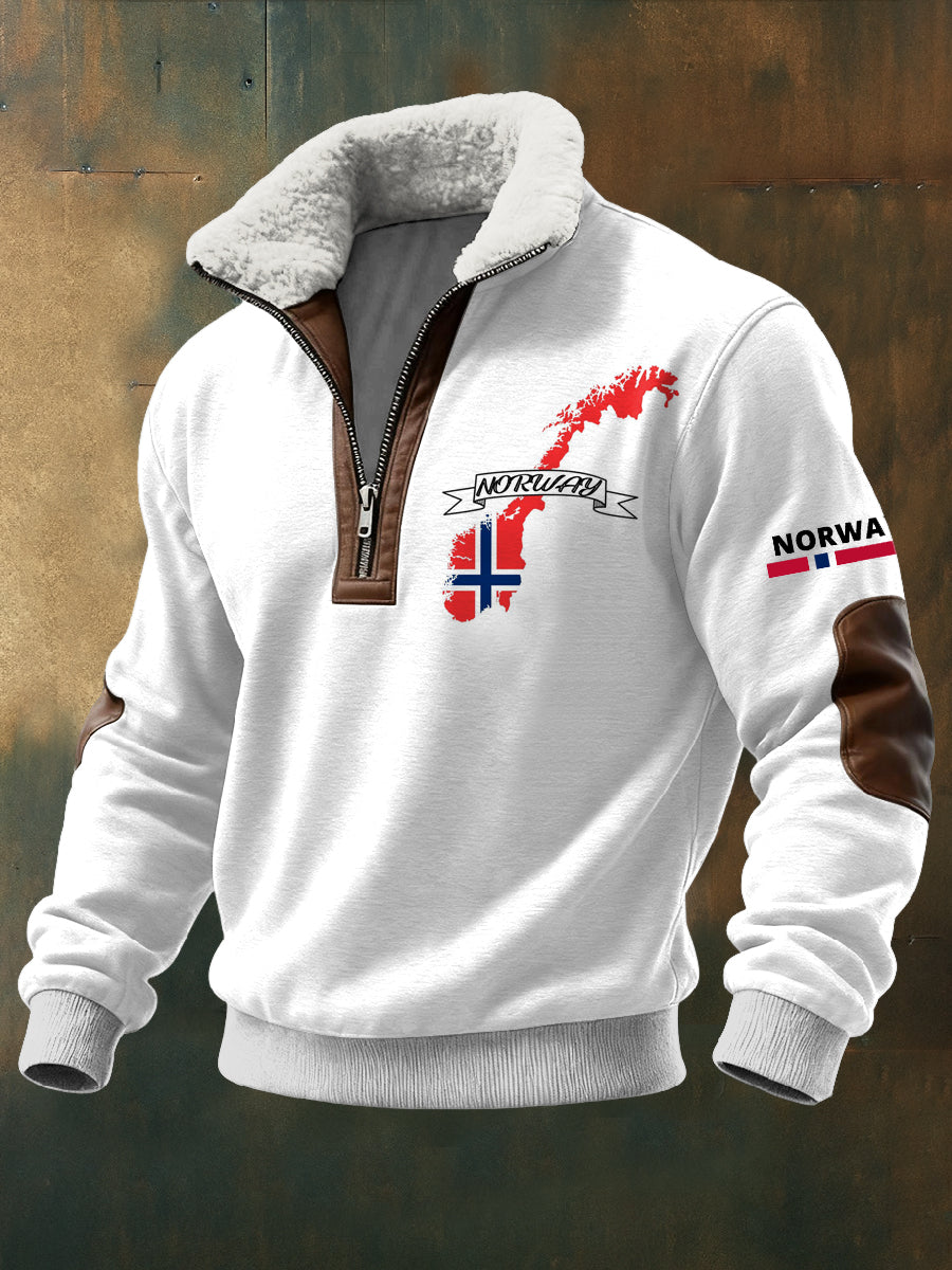 Menns norge Trykt langskudd Stand up krage Lambhår Zipper øverst