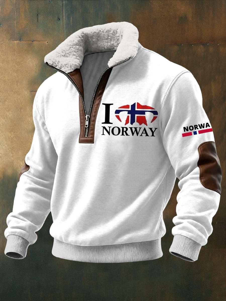 Menns norge Trykt langskudd Stand up krage Lambhår Zipper øverst