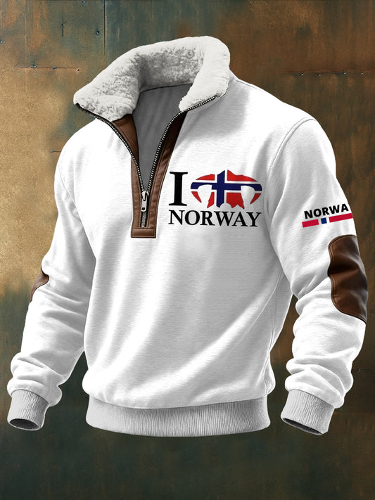 Menns norge Trykt langskudd Stand up krage Lambhår Zipper øverst