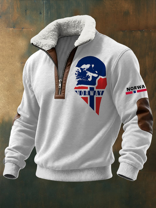 Menns norge Trykt langskudd Stand up krage Lambhår Zipper øverst