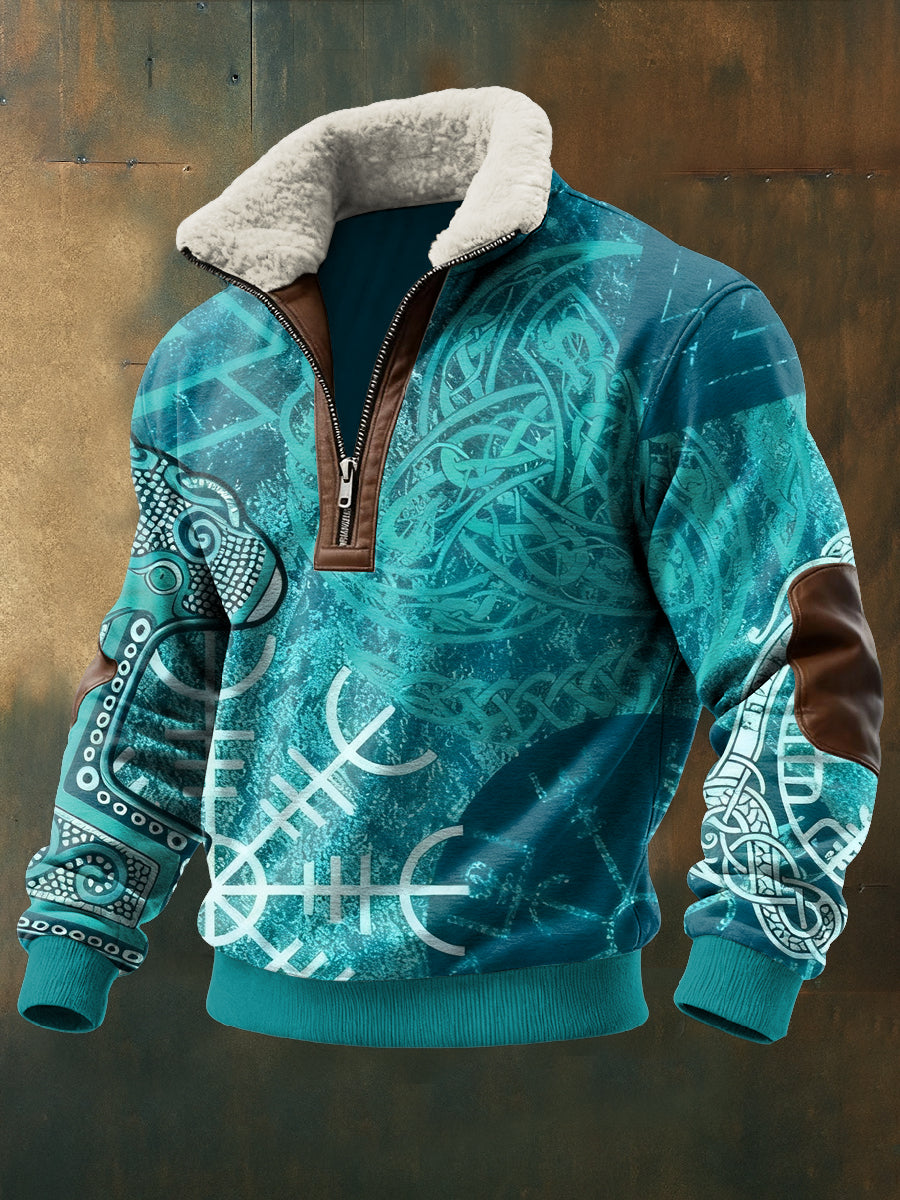 Viking trykt langærmet Stå opp krage Lambhåret blikk øverst