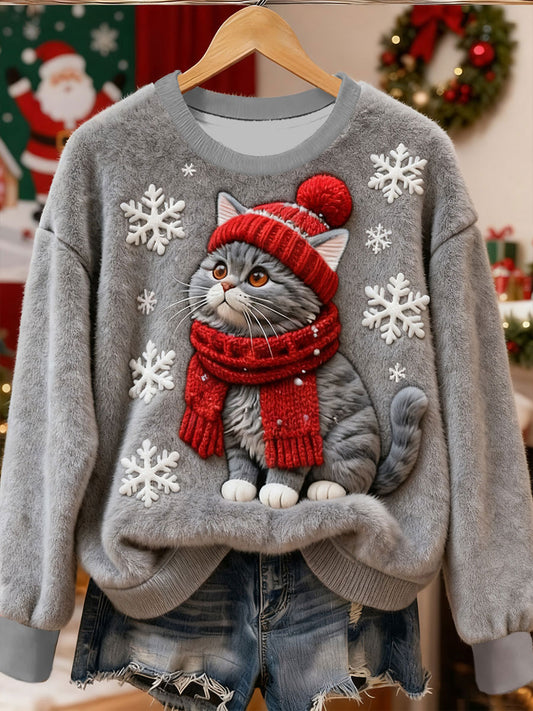 Kvinner søt jul katt kunst utskriver Casual Flannel Sweatshirt