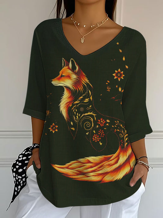 Kvinnelivblad Reve trykt V-hals øverst