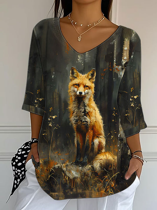 Kvinnelivblad Reve trykt V-hals øverst