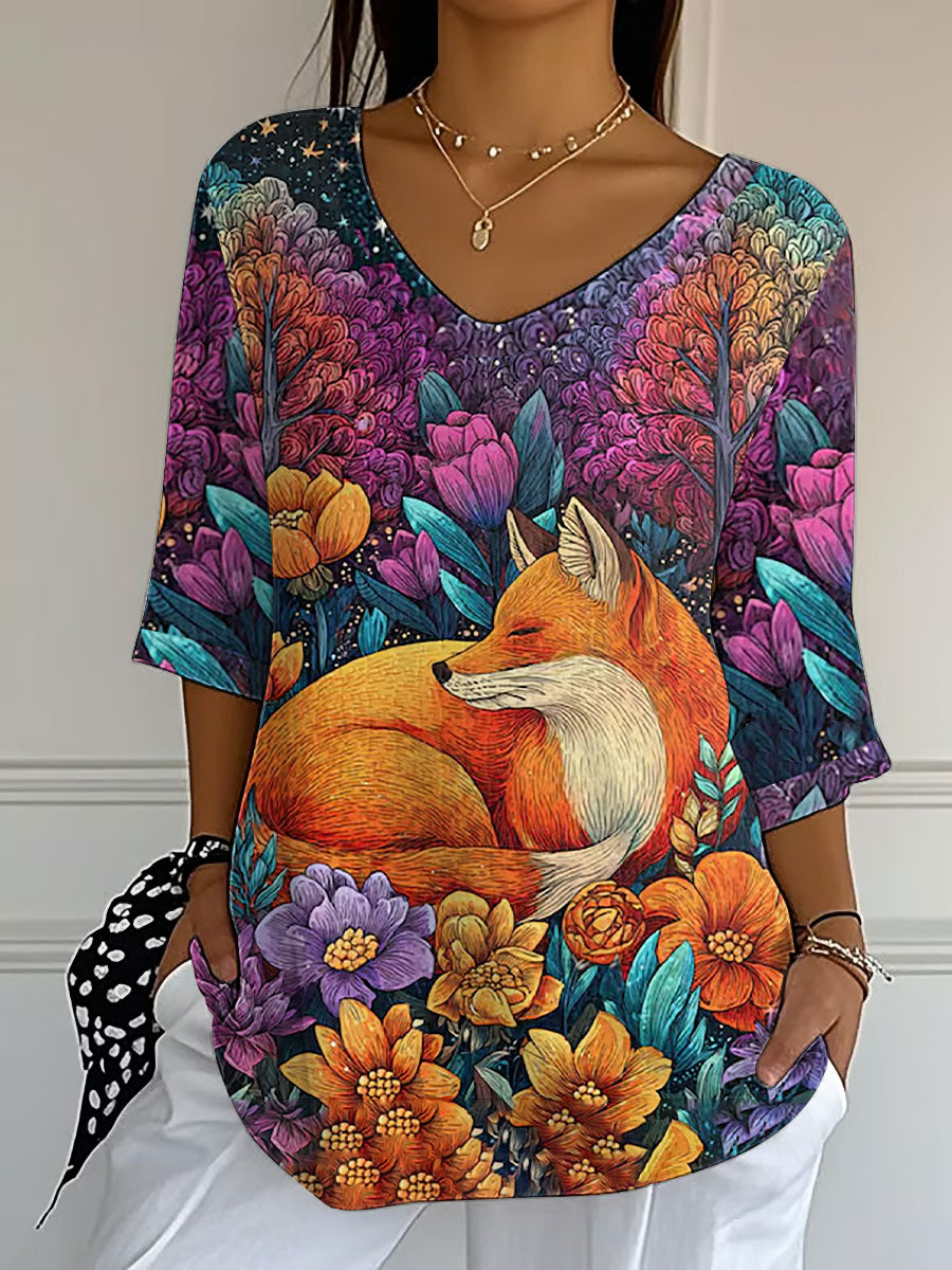 Kvinnelivblad Reve trykt V-hals øverst