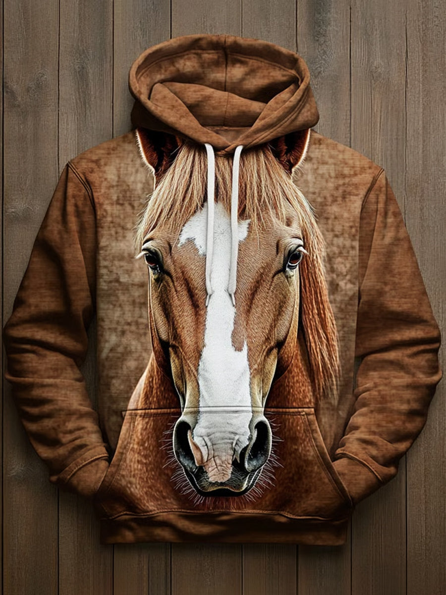 Menns Retro-hestkunst Skriv ut Casual Hoodie.