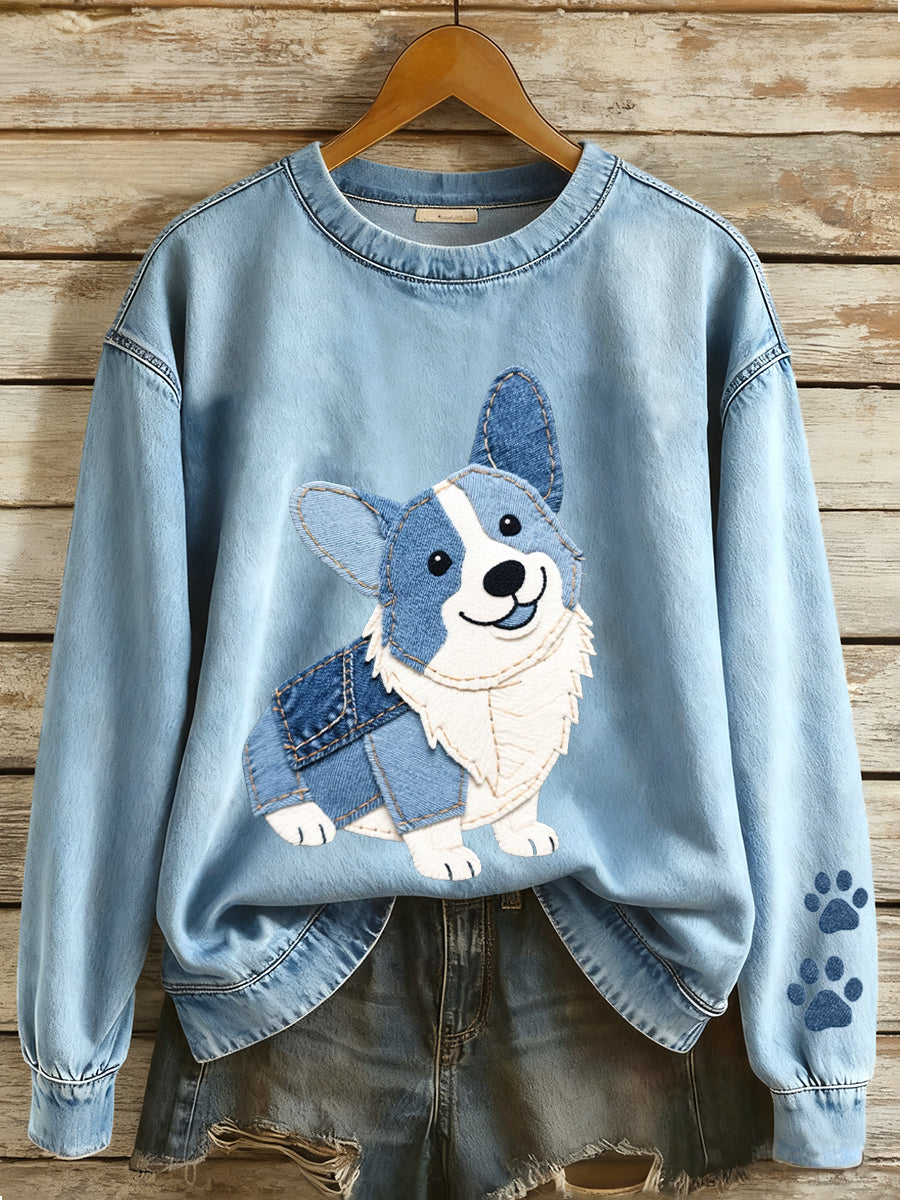 Damens denim-patchwork-kunst Corgi-mønster-weatshirt