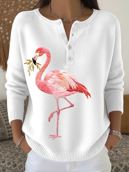 Damens flamingo broderi mønster koselig strikt genser.