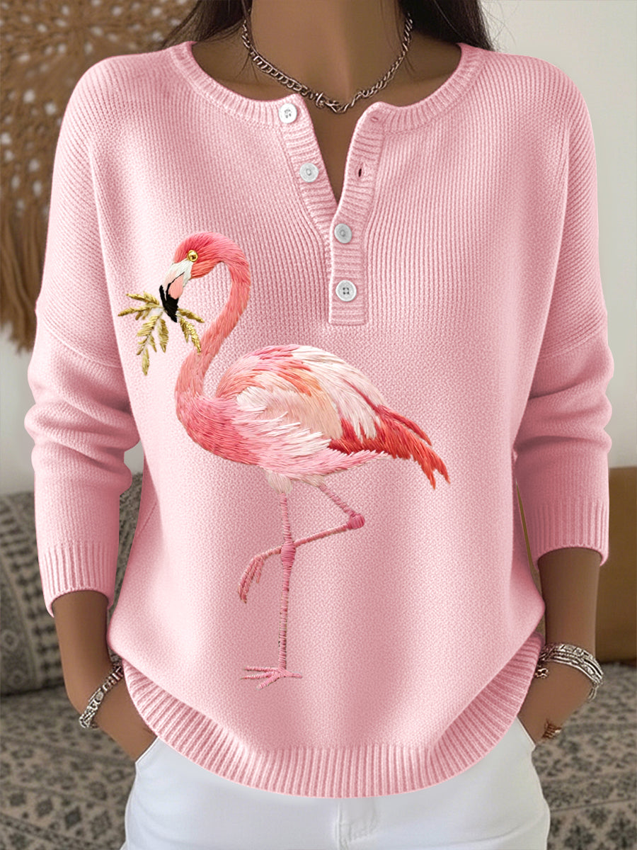 Damens flamingo broderi mønster koselig strikt genser.