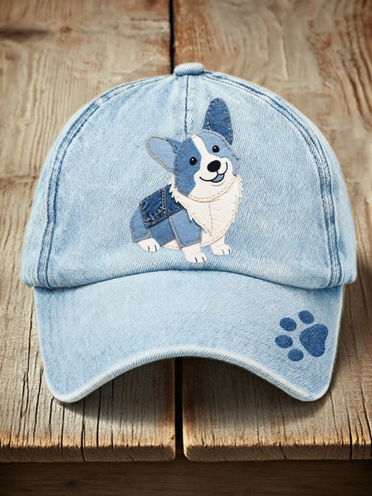 Unisex Denim- patchwork Art Corgi-mønster for hundevasket hatt