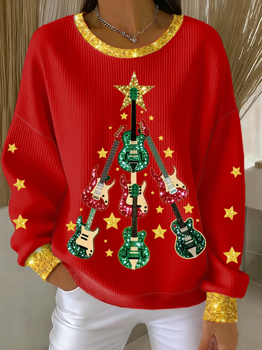 Damgittar juletre kunst skriv ut Ribbed rund hals sweatshirt