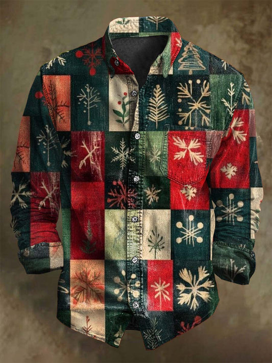 Vintage Plaid Skriv julen Casual Lang-Sleeve-Skjort