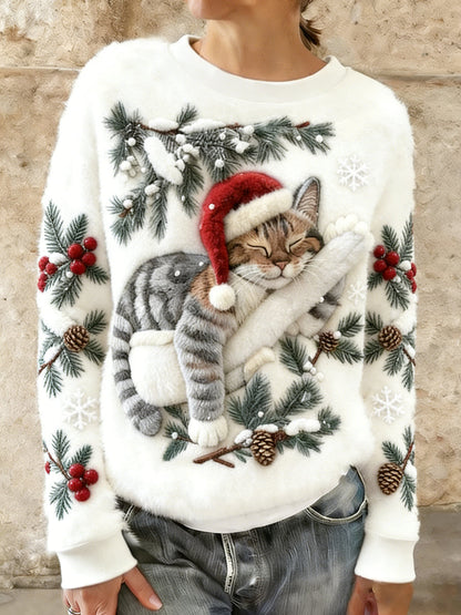 Kvinner søt jul katt kunst utskrift Casual Flannel Hoodie Flannel