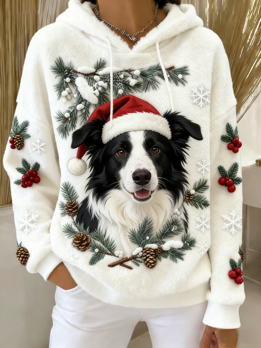 Kvinner Retro dyrekunst Skriv ut komfortabel Flannel Hooded Sweatshirt