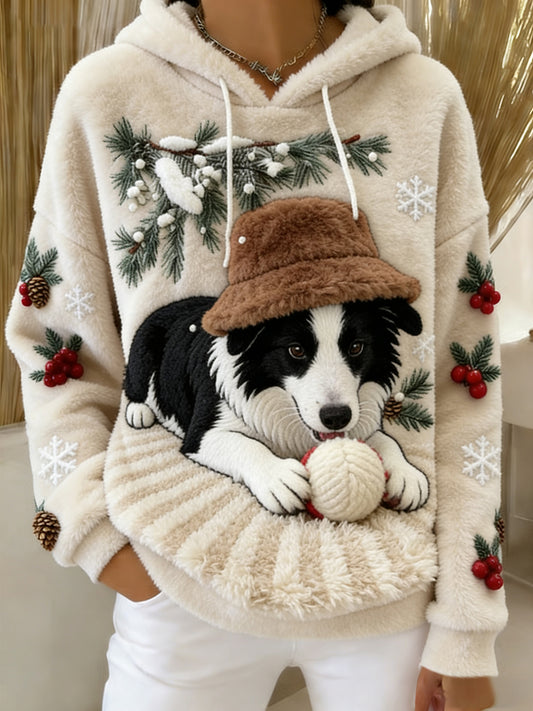 Kvinner Retro dyrekunst Skriv ut komfortabel Flannel Hooded Sweatshirt