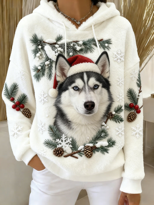 Kvinner Retro dyrekunst Skriv ut komfortabel Flannel Hooded Sweatshirt