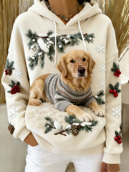 Kvinner Retro dyrekunst Skriv ut komfortabel Flannel Hooded Sweatshirt