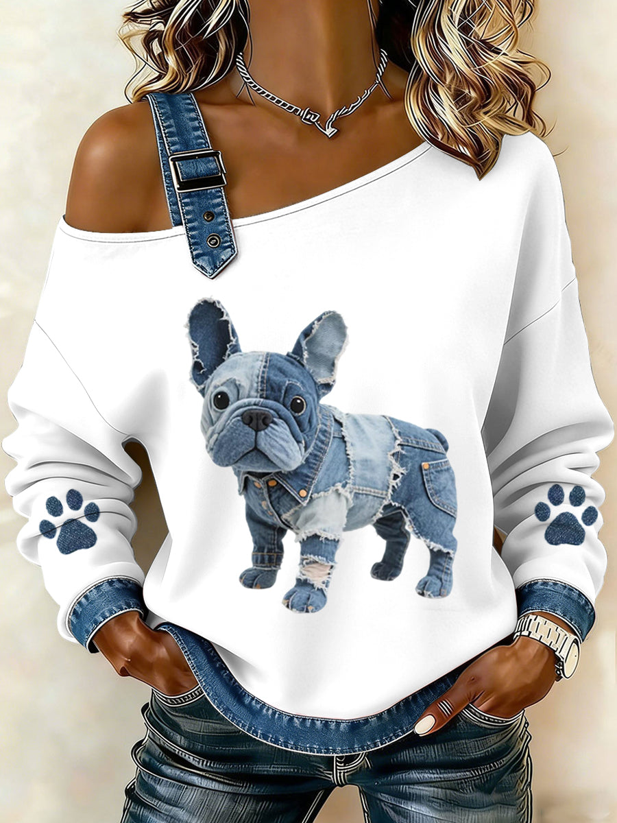 Kvinners vakre franske Bulldog-mønster Denim Patchwork topp