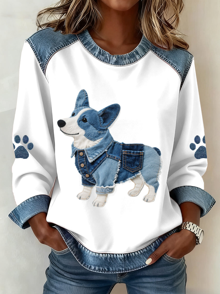 Kvinners vakre Corgi hundemønster Denim Patchwork Sweatshirt