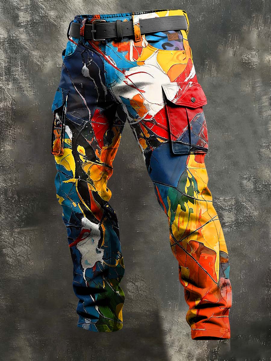 Mäns Retro Semester företag Abstrakt konst Skriv ut Casual Arbetsbyxor