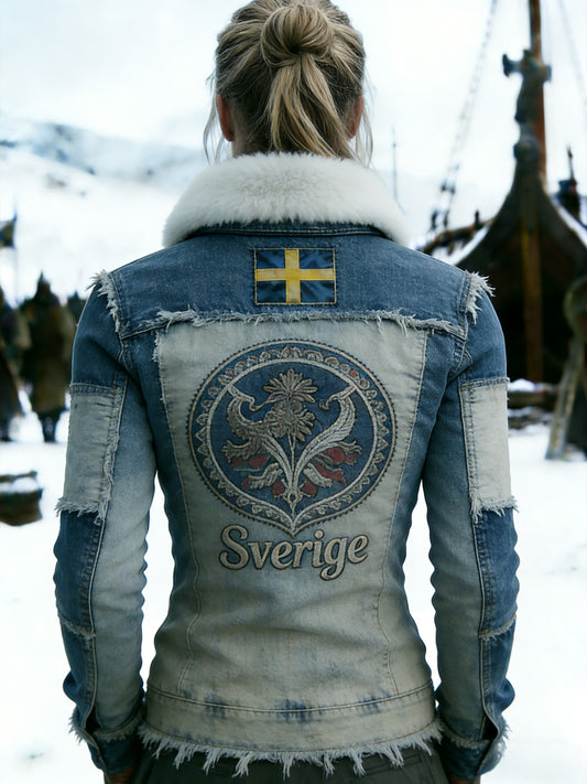 Kvinnors Retro Svenska flaggmärke Fleece-fodrad blixtlås sweathirt