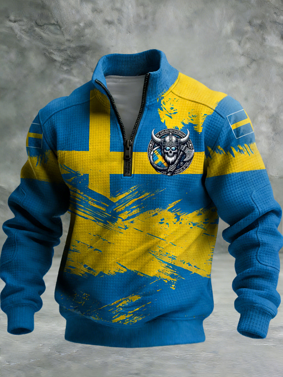 Vintage Viking Svenska flaggmärke mönster Zip-Up Bekväm Pullovere