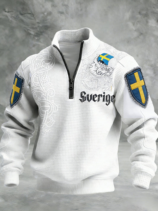 Vintage Viking Svenska flaggmärke mönster Zip-Up Bekväm Pullovere