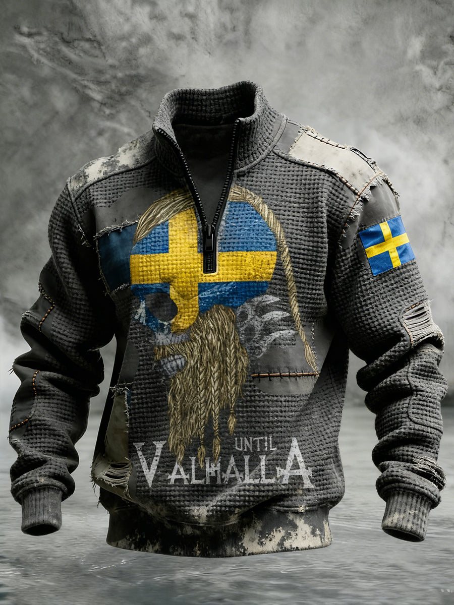 Vintage Viking Svenska flaggmärke mönster Zip-Up Bekväm Pullovere
