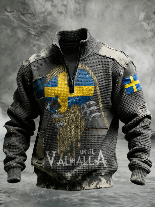 Vintage Viking Svenska flaggmärke mönster Zip-Up Bekväm Pullovere