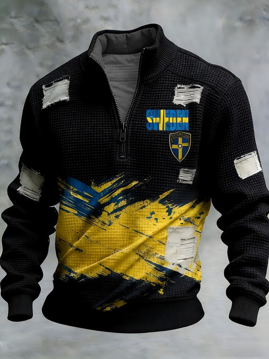 Mäns Retro Svenska flaggbricka Casual Våffle-Weave Sweatshirt