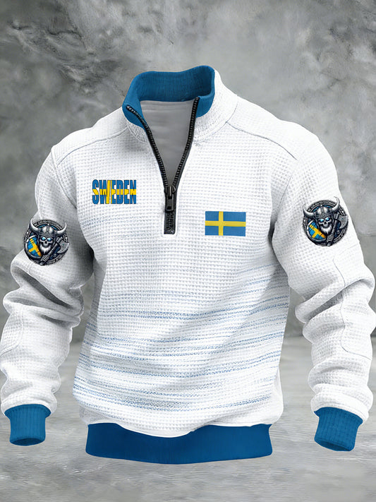 Vintage Viking Svenska flaggmärke mönster Zip-Up Bekväm Pullovere