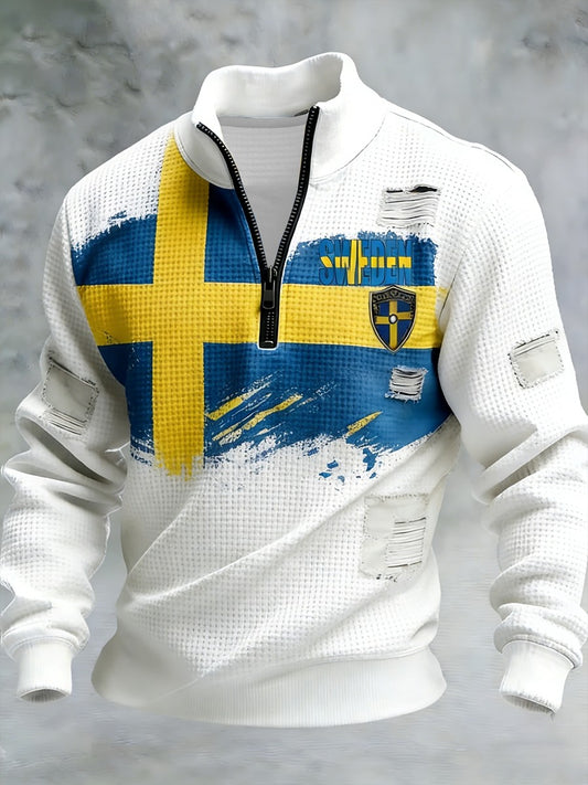 Mäns Retro Svenska flaggbricka Casual Våffle-Weave Sweatshirt