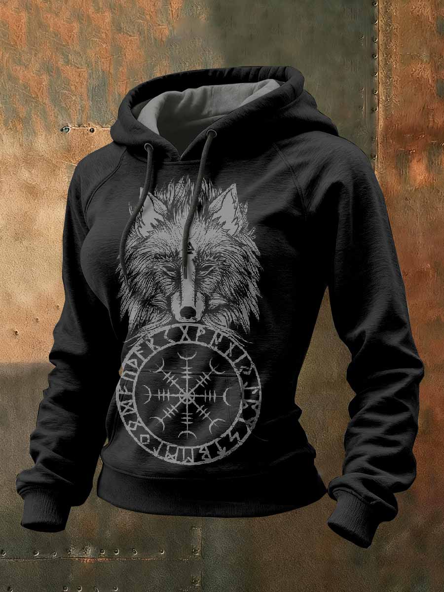 Kvinnor Vintage Viking tryck Casual Hooded Sweatshirt