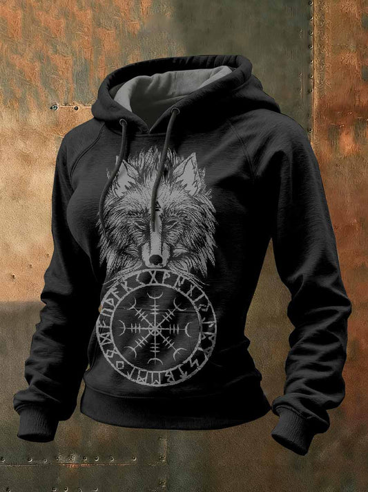 Kvinnor Vintage Viking tryck Casual Hooded Sweatshirt
