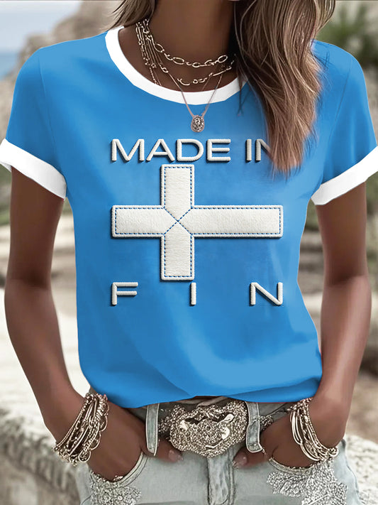 Kvinnors blå tillverkad i Finland Patchwork Print Casual T-shirt