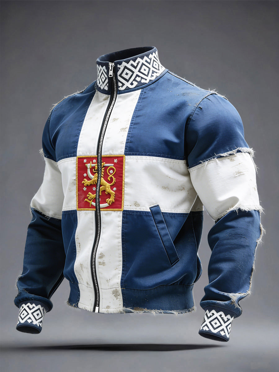 Mäns finska flagga Vintage Print Stand Krage Zip Jacka