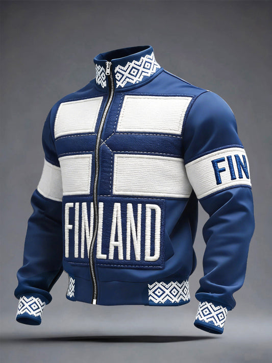 Mäns Blå Finland Flagg Lappverk Print Casual Zip-Up Jacka