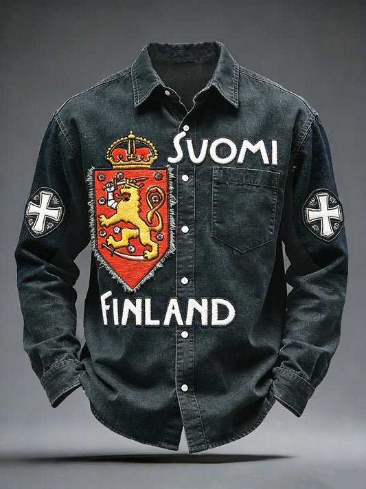 Mäns finska SUOMI Patchwork Skriv ut Casual Långärmad skjorta