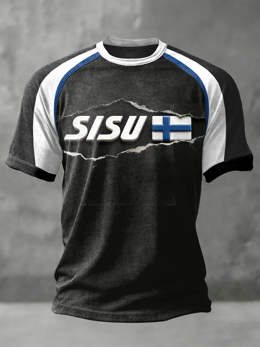 Mäns SISU Finska flagga Skriv ut Svart Casual T-shirt