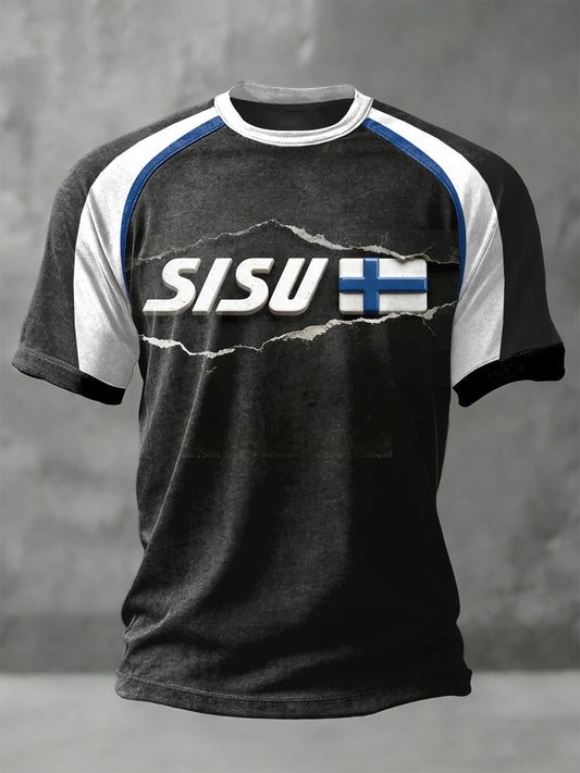 Mäns SISU Finska flagga Skriv ut Svart Casual T-shirt