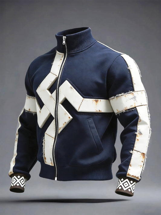 Men's Navy Blå Finland Flagg Lappverk Print Casual Zip-Up Jacka