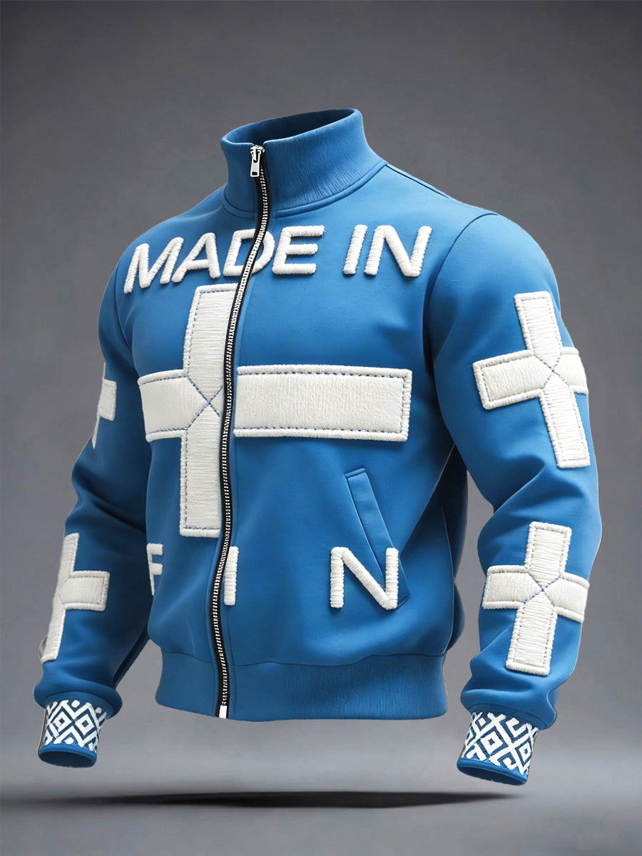 Mäns blå tillverkad i Finland Patchwork Design tryckt Casual Zip-Up Jacka