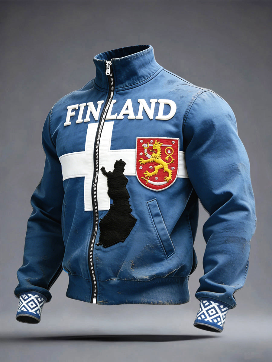 Mäns blå Finland Karta Lappverk Print Zip-Up Jacka