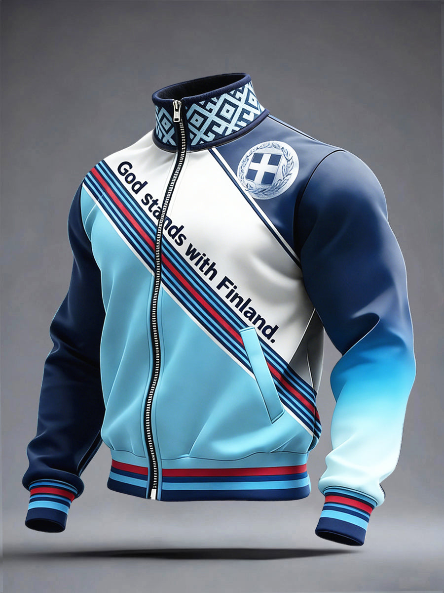 Mäns finska lappverk Print Stand Krage Zip Jacka