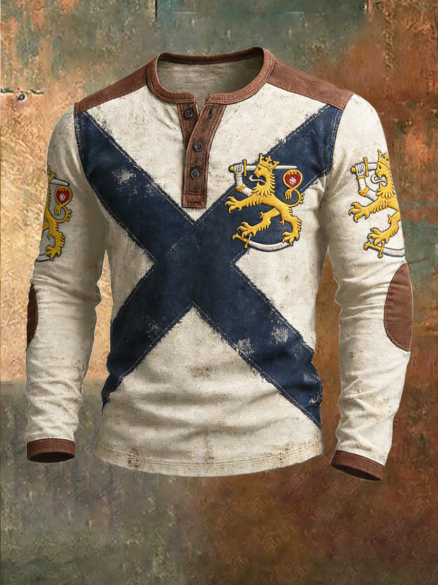 Mäns Vintage Patchwork Finland Flagg Print Henley Neck Sweatshirt